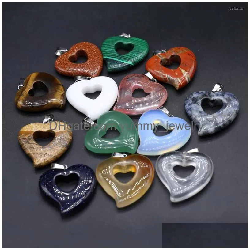 Pendant Necklaces 5 Pcs Peach Heart Shape Random Healing Crystal Stone Hollow Pendants Agate Charms For Making Jewelry Necklace Gift Dh9Ta