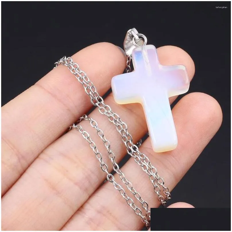 Pendant Necklaces Natural Stone Necklace Gemstone Cross Shape Exquisite Charms For Jewelry Making Diy Simple Bracelet Accessories Dro Dhh7Q