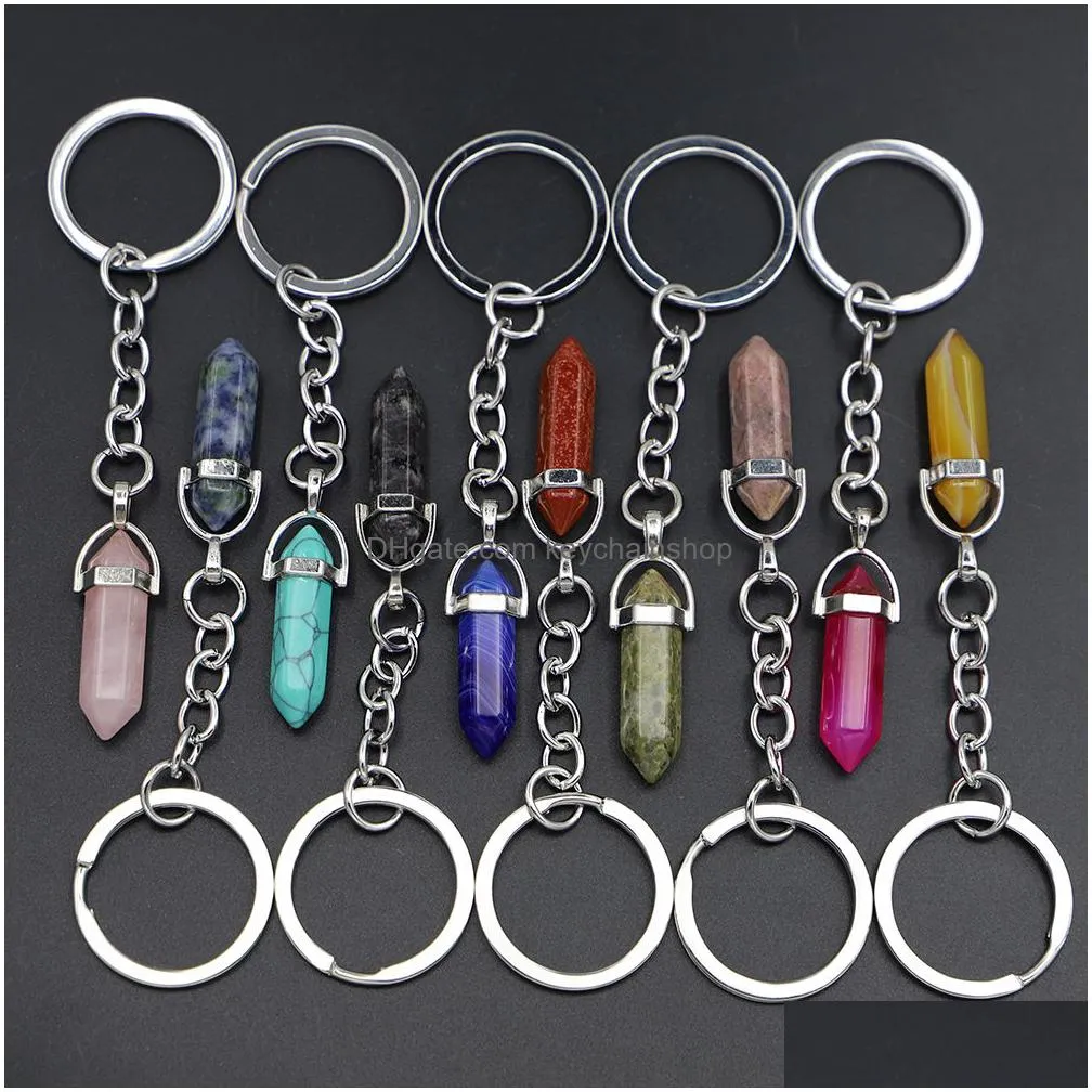 Fashion Hexagon Prism Key Rings Natural Stone Pendant Keychain Quartz Stones Pink Crystal Keychains Accessories Drop Delivery Dhwsu