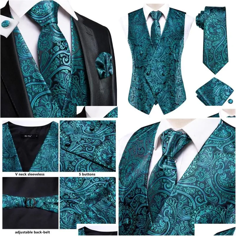 mens vests hi-tie teal green floral paisley silk men slim waistcoat necktie set for suit dress wedding 4pcs vest hanky cufflink