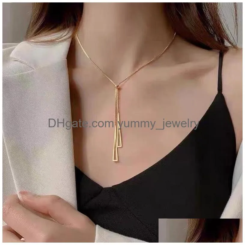 Pendant Necklaces Korean Fashion Temperament Simple Geometric Square Necklace For Women Metal One Word Tassel Chain Jewelry Drop Deli Dham4