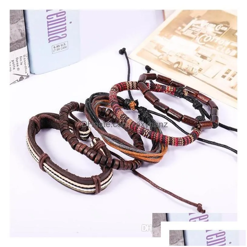 Charm Bracelets Vintage Mtipiece Set Of Handmade Wood Bead Wax Rope Leather Bracelet Male Drop Delivery Jewelry Bracelets Dhd6K