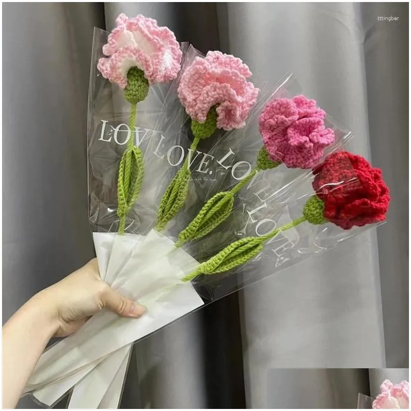 decorative flowers carnations crochet bouquet artificial wedding for bride party decor mother`s day valentine`s gifts