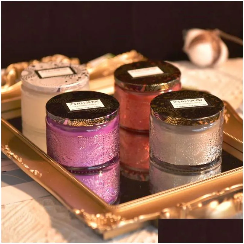 Candles Embossed Glass Cup-Scented Candle Smokeless Sleep Essential Oil Candles Handmade Aroma Wedding Birthday Drop Delivery Home Gar Dhsk1