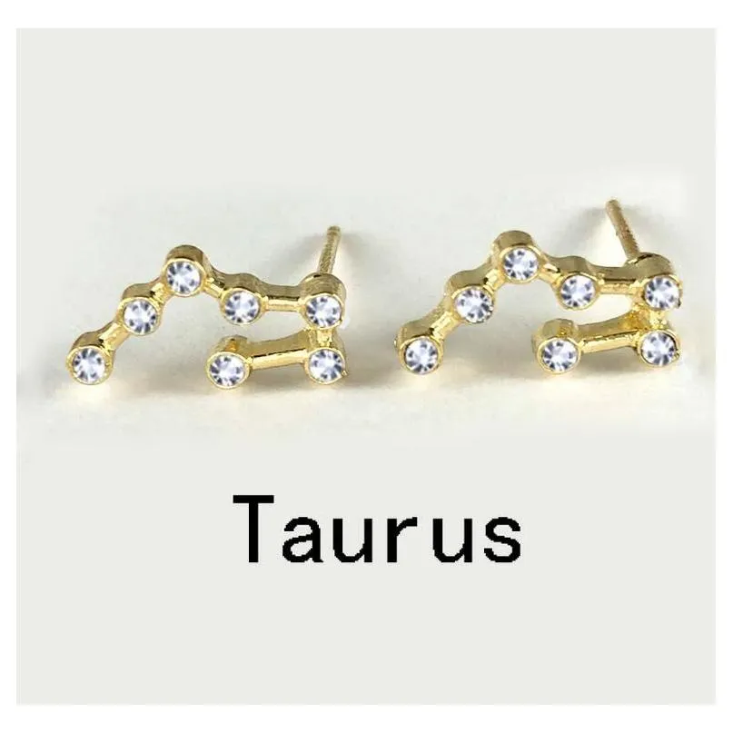 Women 12 Constellations Metal Diamonds Crystal Stud Earrings Sier Gold Zodiac Sign Earring Jewelry With Gift Card Drop Delivery Otoef