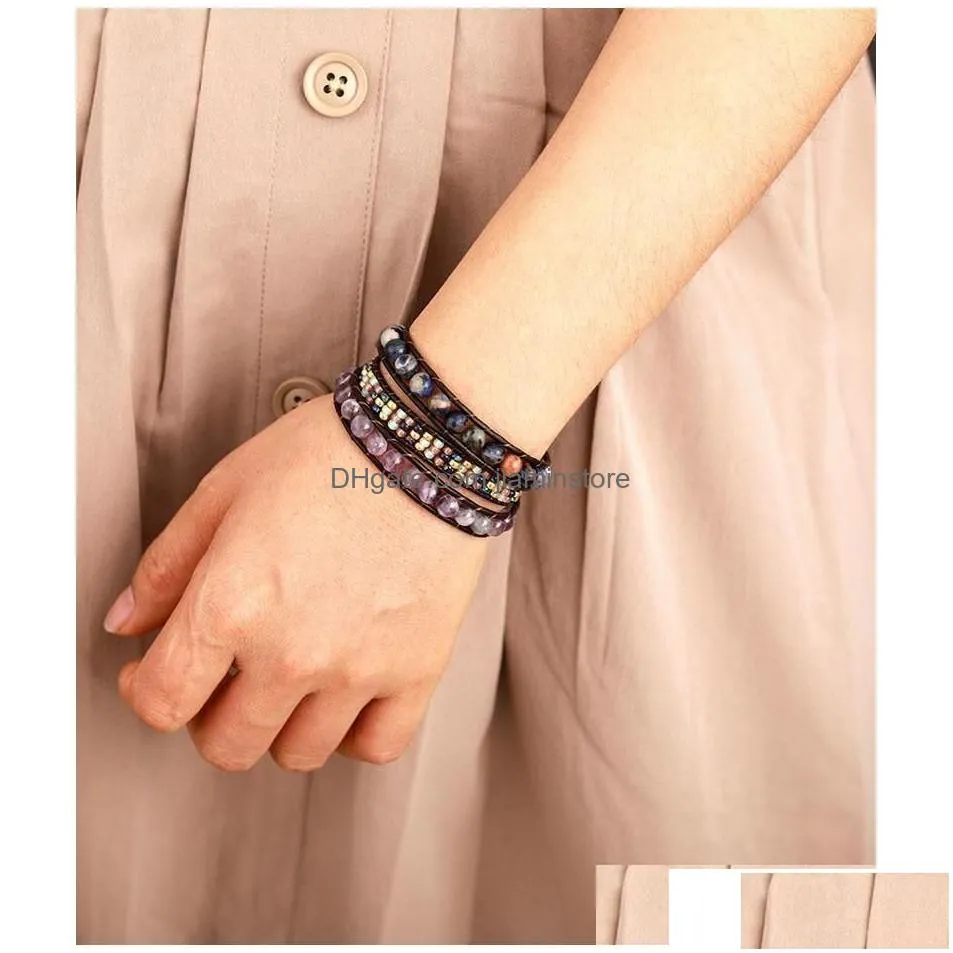 Beaded Cool Black Leather Wrap Bracelets W/ Natural Stone Triple Statement Strand Bracelet Bijoux Femme Bohemian Beads Jewelry Y20073 Dhiyx