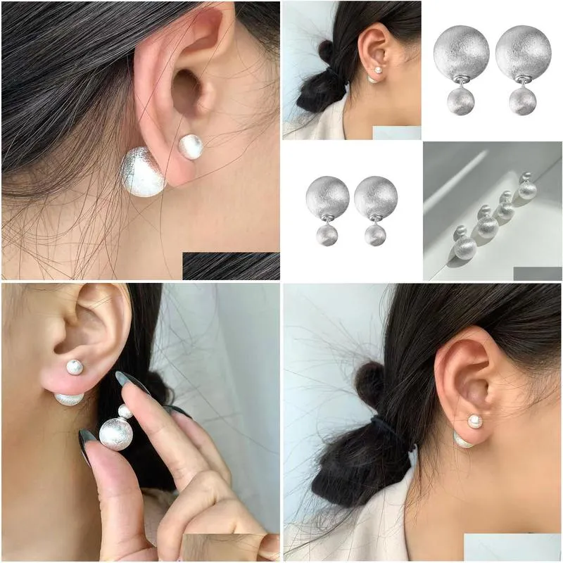 925 Sterling Sier Frosted Round Ball Back Hanging Stud Earrings For Women With Simple Personality Premium Drop Delivery Dh1Yl