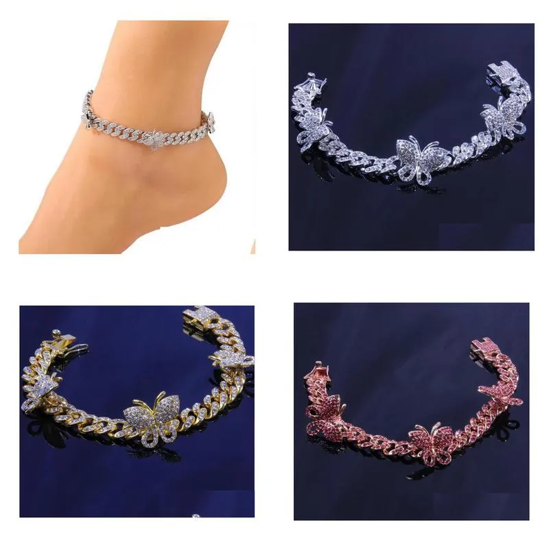 Iced Out Diamond Women Anklets Rhinestone Cuban Link Anklet Gold Sier Pink Butterfly Bracelets Jewelry Drop Delivery Ot5Ya