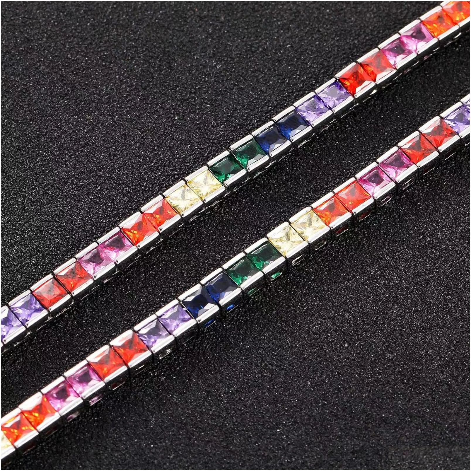 4Mm Colored Tennis Cuban Link Chain Micro Inset Square Zircon Street South Facing Hip Hop Necklace For Men And Women Bracelet Drop De Dh7Up