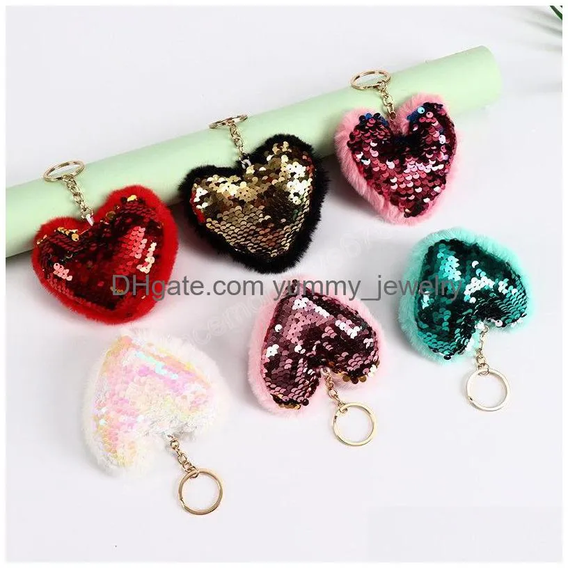 Cute Heart Keychain Glitter Pompom Sequins Key Ring Gifts For Women Llavero Chaveros Charms Car Bag Accessories Drop Delivery Dh5Yu