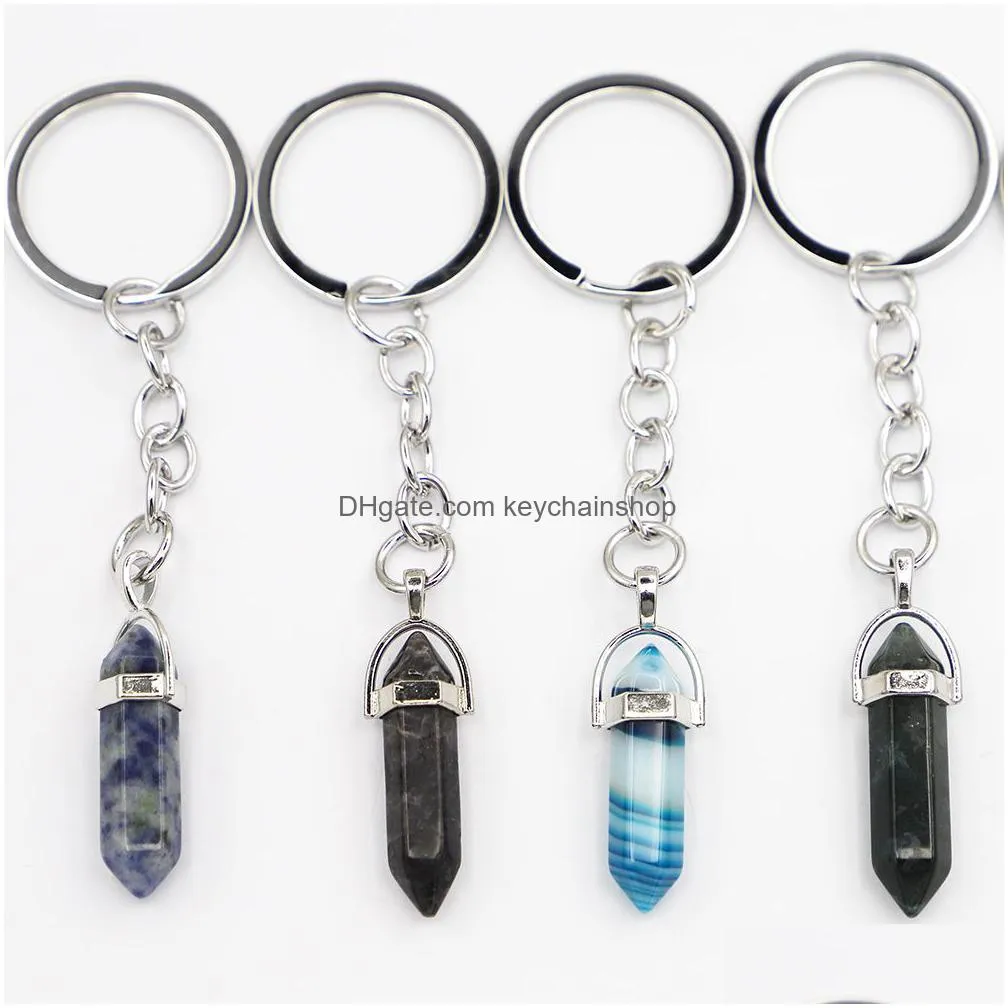 Fashion Hexagon Prism Key Rings Natural Stone Pendant Keychain Quartz Stones Pink Crystal Keychains Accessories Drop Delivery Dhwsu