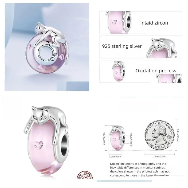 S925 Sterling Sier Glass Cat Beaded Bracelet Pendant Diy Pink Cute Drop Delivery Dhq6D