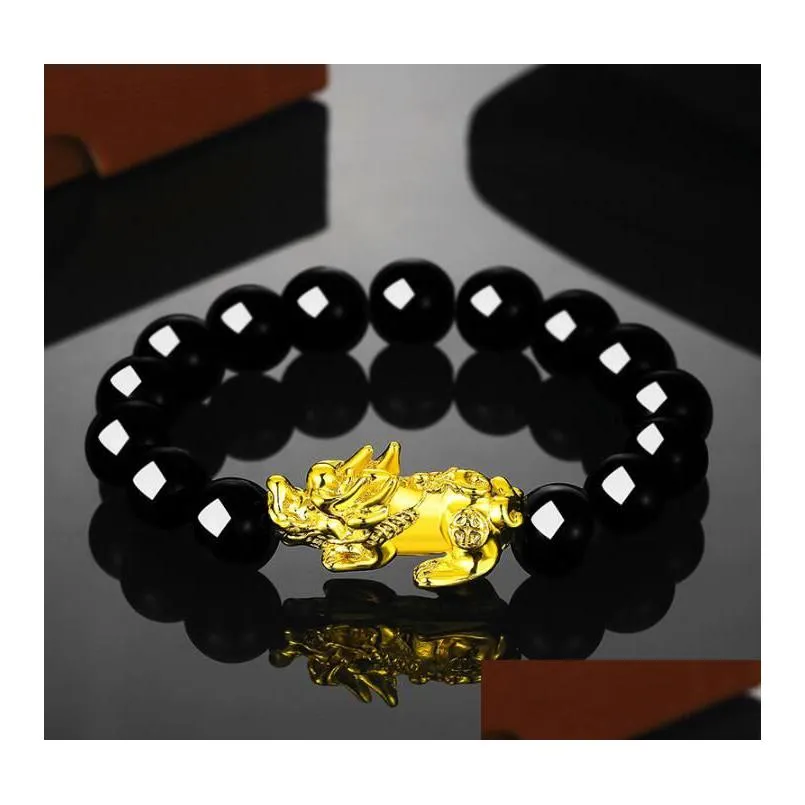 Beaded Good Luck Wealth Beaded Strands Bracelets Black Obsidian Beads Pixiu Bracelet Feng Shui Prosperity Pi Xiu For Men Women Jewelr Dhlwo