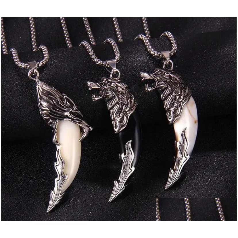 Animal Wolf Tooth Pendent Necklace For Men Long Chain Elephant Dragon Head Necklaces Vintage Jewelry Wholesale Drop Delivery Otq5D