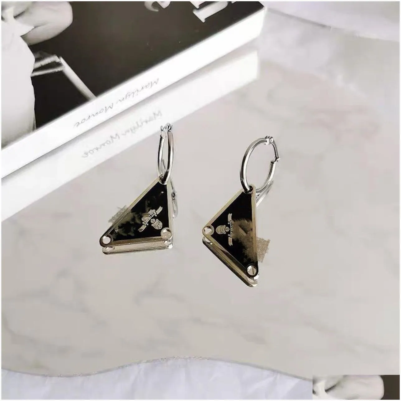 famous design triangle earrings mens earring hoop women triangle earings black and white party jewelry ornaments simple elegant
