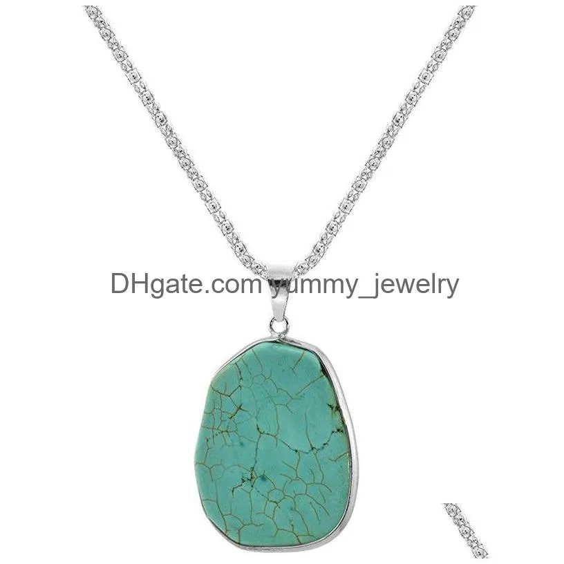 Retro Reiki Ethnic Green Turquoises Pendant Necklaces Vintage Rock Big Size Mineral Choker Chain For Drop Delivery Dhuuk