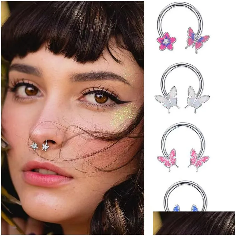 8Pcs Stainless Steel Oil Drip Butterfly Nose Ring Glitter Ear Bone Horseshoe Womens Piercing Jewelry Drop Delivery Dhl2A