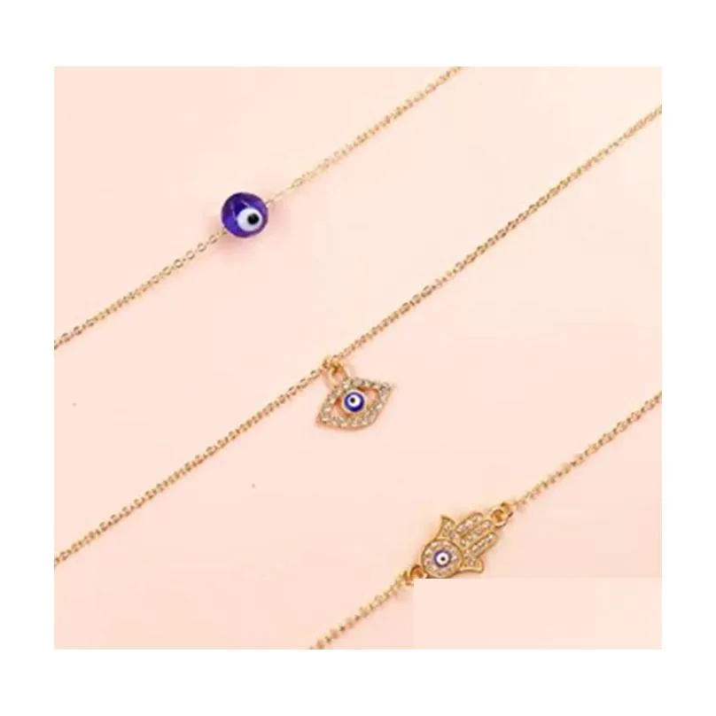 3Pcs/Set Hamsa Evil Eye Necklace Turkish Blue Hand Pendant Necklaces Lucky Protection Jewelry Gift For Women Girls Wholesale Drop Del Otujs