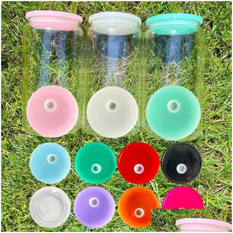 replaced colored plastic lids for 16oz glass tumbler blank clear frosted glass mason jar libby can cooler cola beer food cans 5 colors