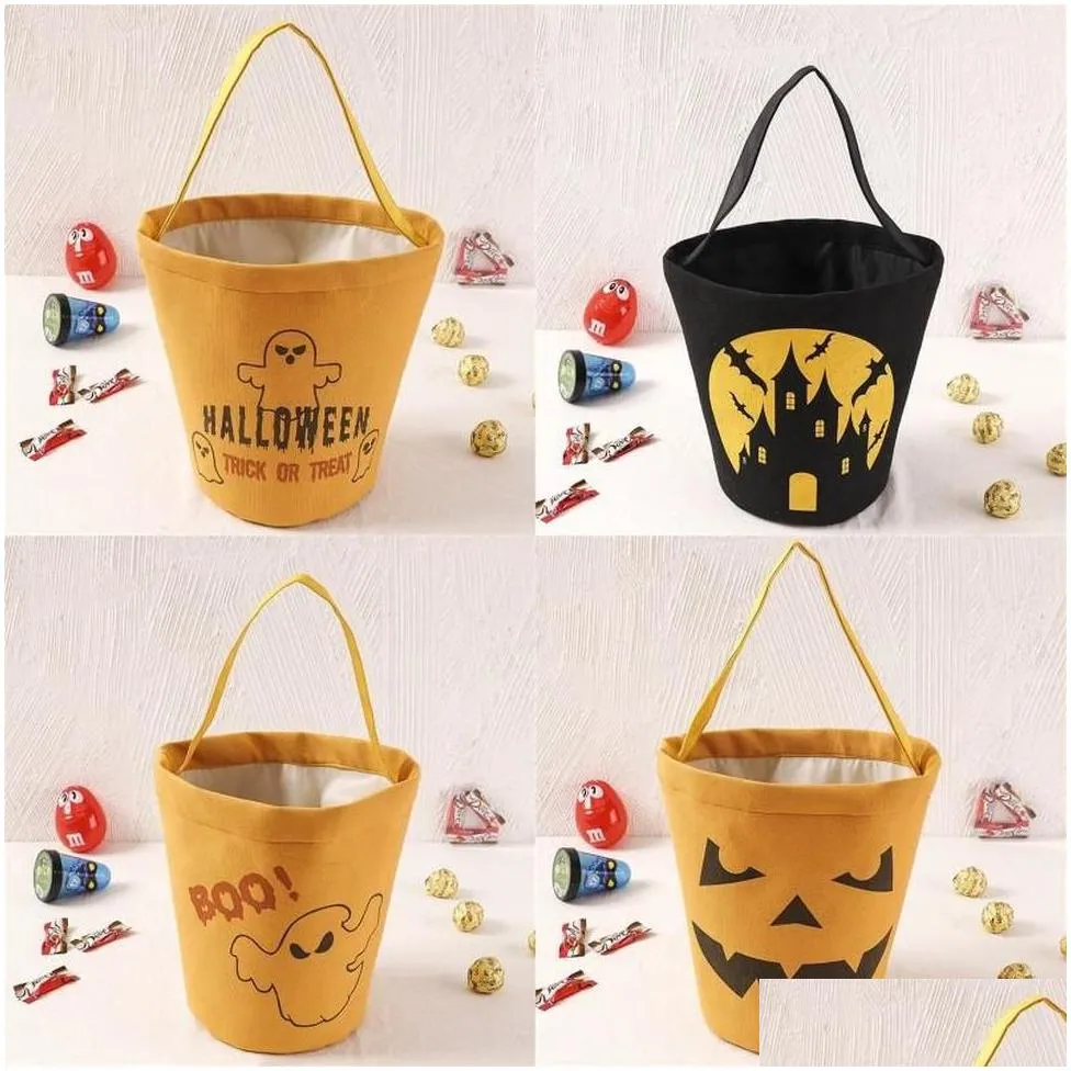 us stock halloween canvas bucket bags cartoon pumpkin vampire ghost witch kids handbags candy gift bags 591y