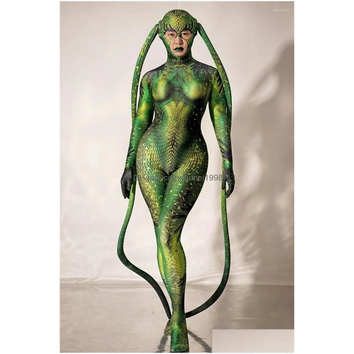 Women`S Jumpsuits & Rompers Womens Jumpsuits Halloween Party Green Alien Animal Cosplay Costumes Women Novelty Role Fl Er Jumpsuit Sh Dhbw1