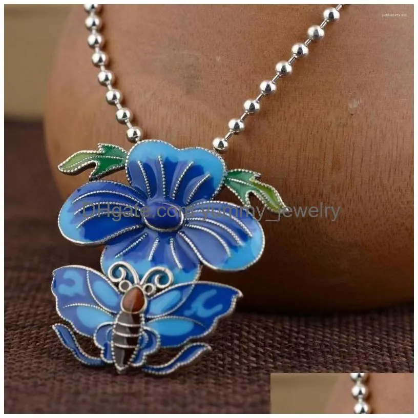 Pendant Necklaces Foyuan Sier Color Burnt Blue Phalaenopsis Flower Female Classical Butterfly Love Ethnic Drop Delivery Dhvgf