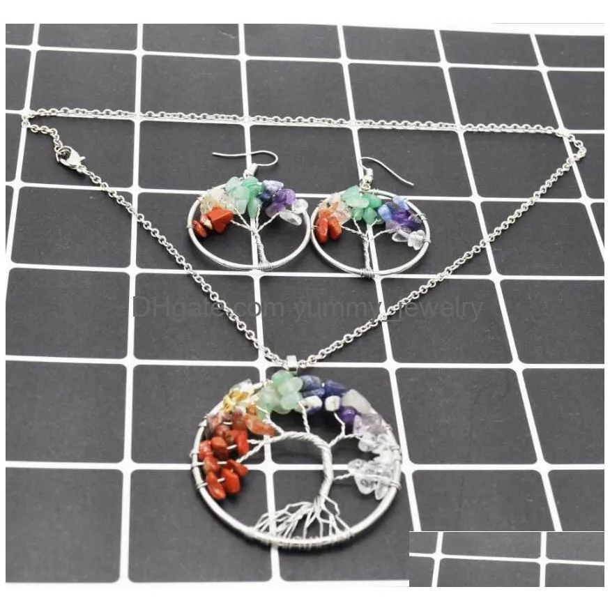 Women Rainbow 7 Chakra Amethyst Tree Of Life Quartz Chips Earrings Necklace Jewelry Sets Mticolor Wisdom Natural Drop Delivery Dhg5X