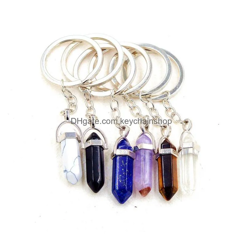 Healing Reiki Chakra Carved Hexagon Natural Stone Key Rings Pendant Keychain Crystal Chakras Quartz Chains Jewelry Accessories Drop D Dh6Yo