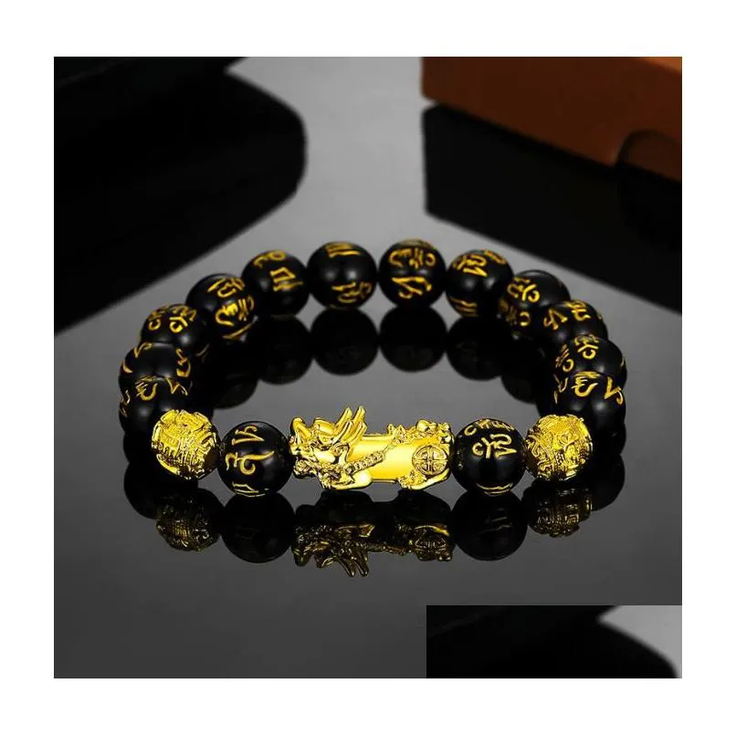 Beaded Good Luck Wealth Beaded Strands Bracelets Black Obsidian Beads Pixiu Bracelet Feng Shui Prosperity Pi Xiu For Men Women Jewelr Dhlwo