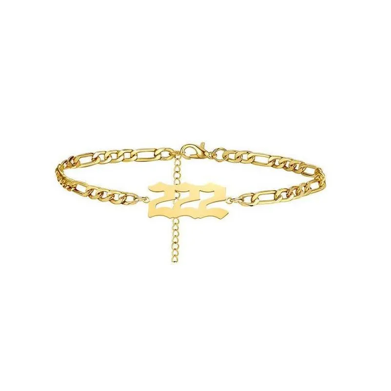 Chain Angel Number Ankle Bracelet For Women 000 111 333 444 555 666 777 888 999 Gold Plated Cuba Chain Anklet Girls Gift Jewelry Drop Dhmw1