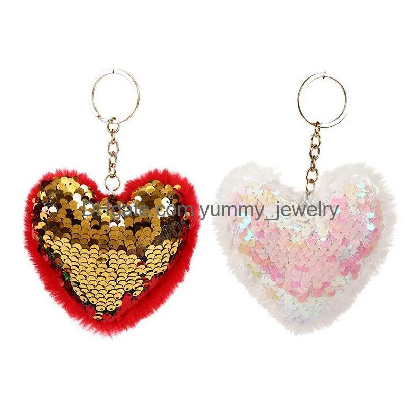 Cute Heart Keychain Glitter Pompom Sequins Key Ring Gifts For Women Llavero Chaveros Charms Car Bag Accessories Drop Delivery Dh5Yu