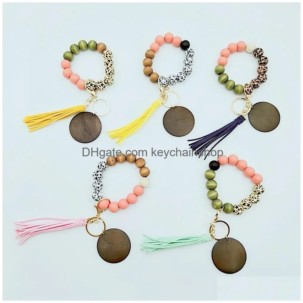 Personalized Blank Wooden Disc Pendant Keychain Elastic Cord Bracelet Key Ring A Variety Of Colors To Choose Drop Delivery Dhnc5