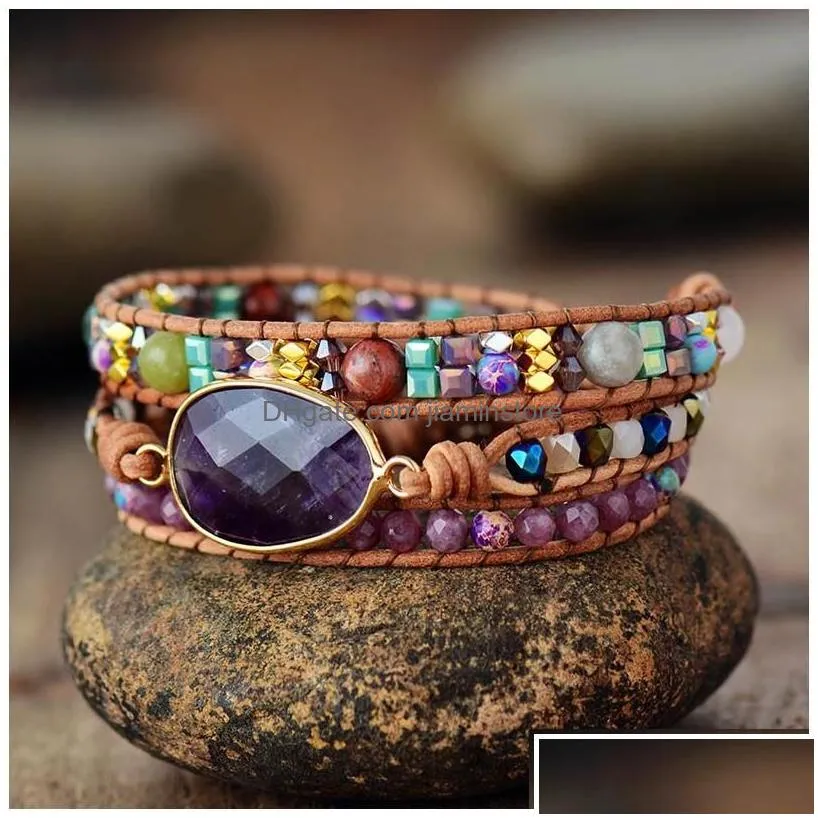 Beaded Leather Wrap Bracelets W/ Natural Stone Amethysts Crystals Triple Statement Art Bracelet Bohemian Jewelry Gifts Y200730 Drop D Dhler