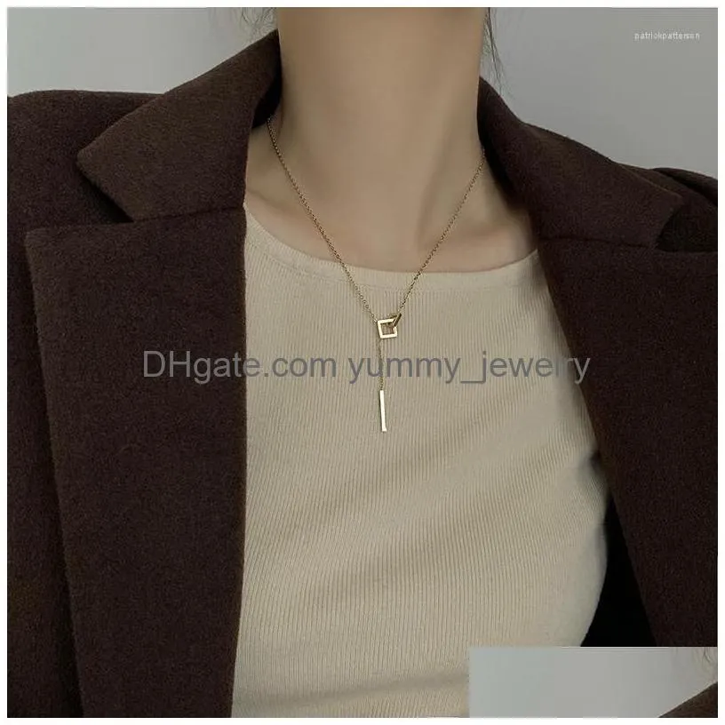 Pendant Necklaces Korean Fashion Temperament Simple Geometric Square Necklace For Women Metal One Word Tassel Chain Jewelry Drop Deli Dham4