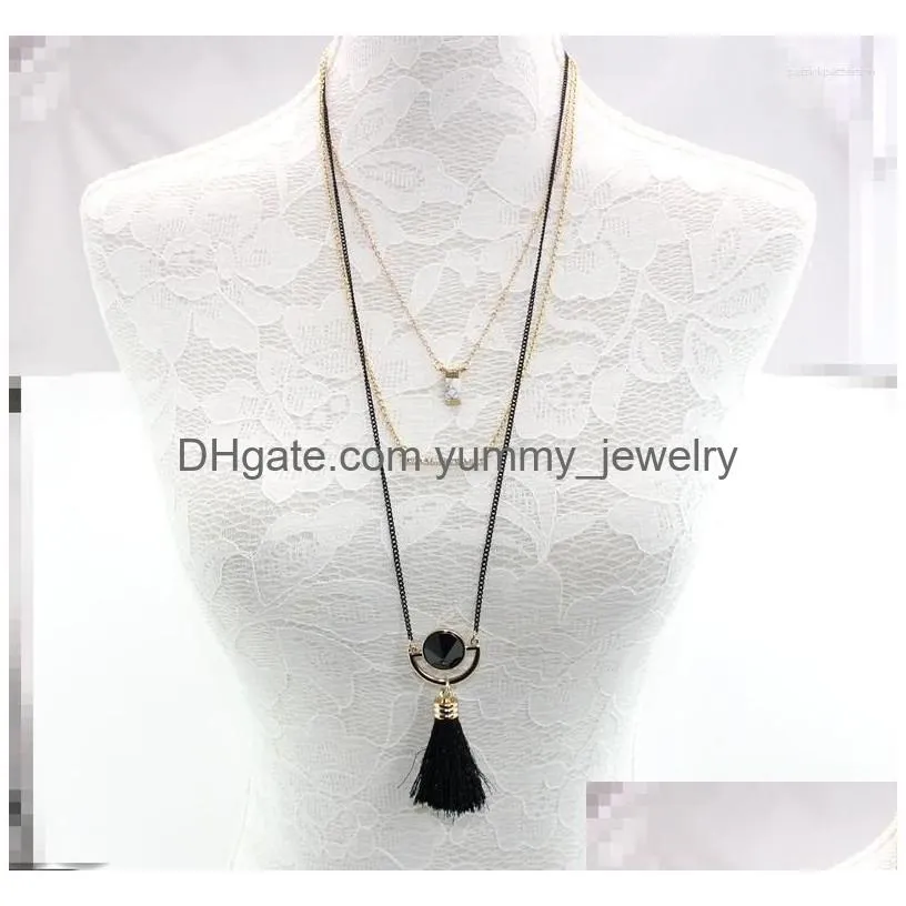 Pendant Necklaces Mti Layer Geometric Half Round White Marble Stone Pave Crystal Bar Tassel Necklce For Drop Delivery Dhilg