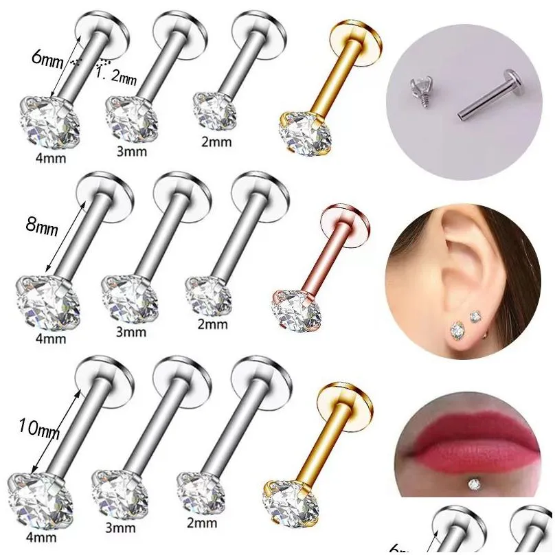 Simple Flat Bottom Zircon Lip Stud Earrings Ear Bone Women Men Body Piercing Jewelry Drop Delivery Dhhgz