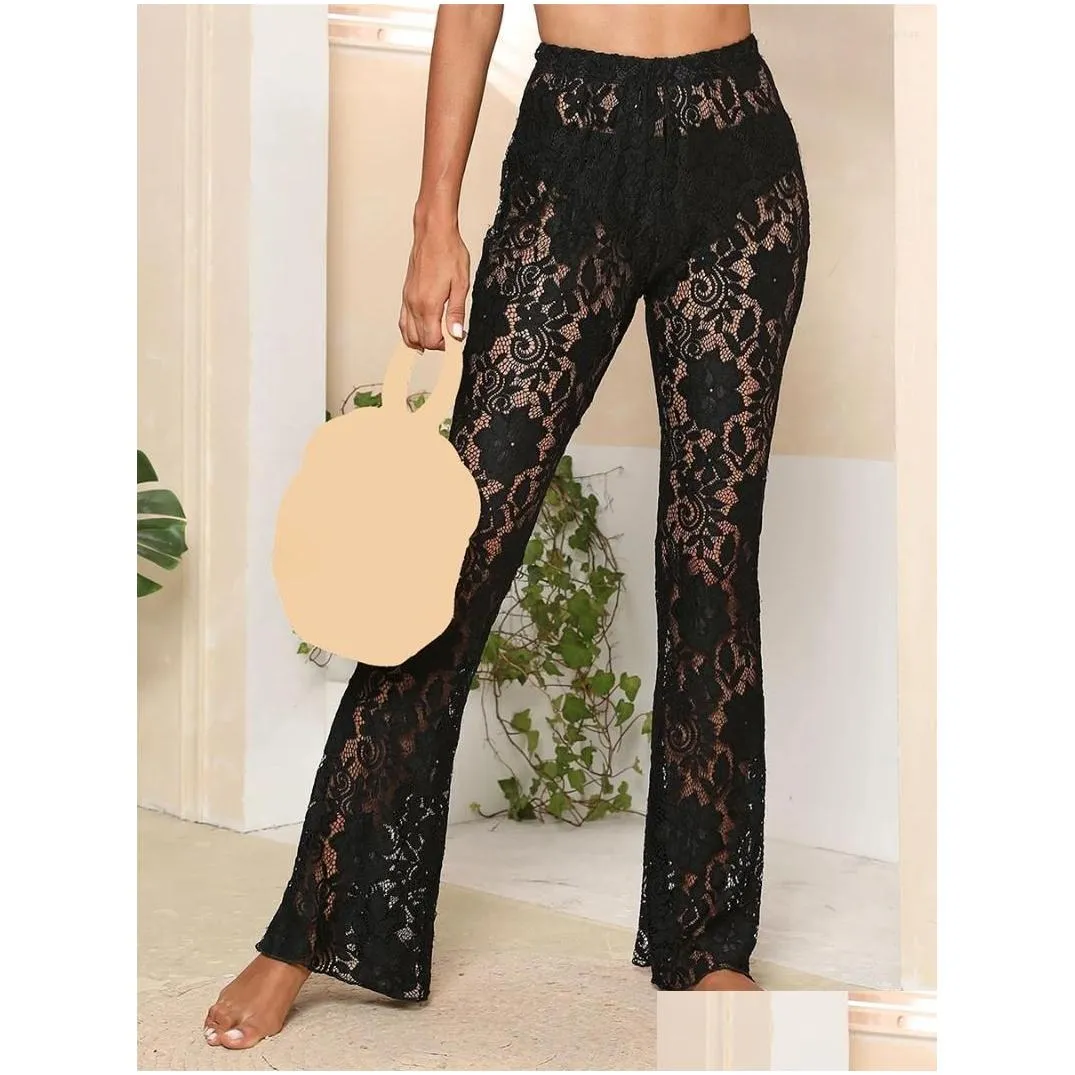 women`s pants women sexy lace see through sheer mesh high waist stretchy slim trouser hollow out skinny flare bell-bottoms