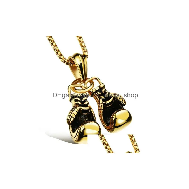 Pendant Necklaces Retro Fitness Boxing Gloves Titanium Steel Necklace Lettering Domineering Fashion Punk Pendant Gold Black Pendant289 Dh3Ry