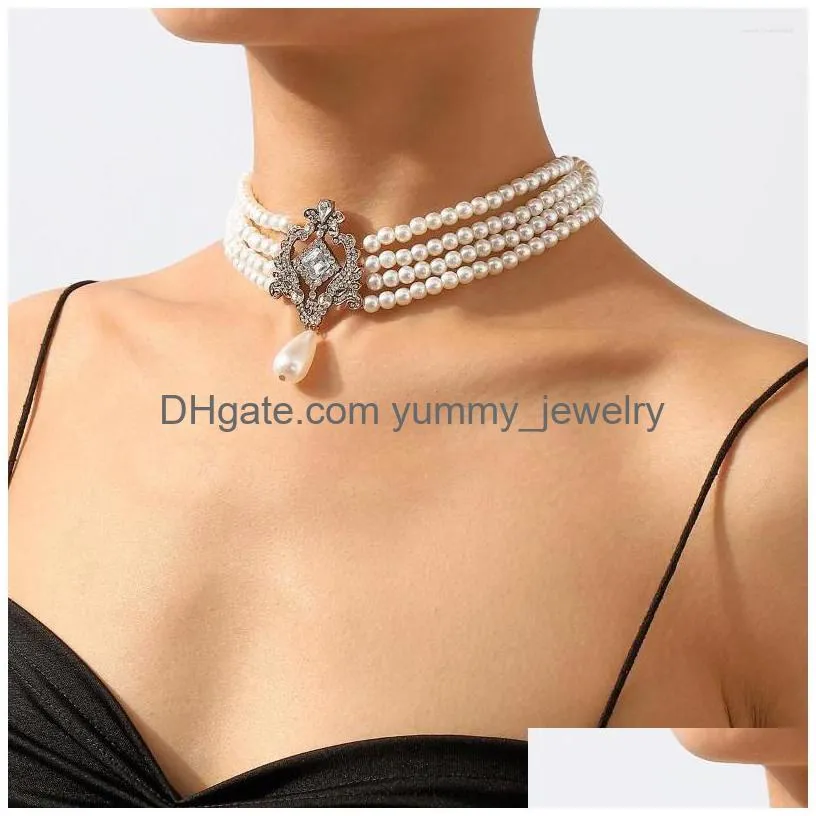 Pendant Necklaces Crystal-Encrusted Mti-Row Pearl Necklace Europe And The United States Exaggerated Breath Short Style Neck Drop Deli Dhj7M