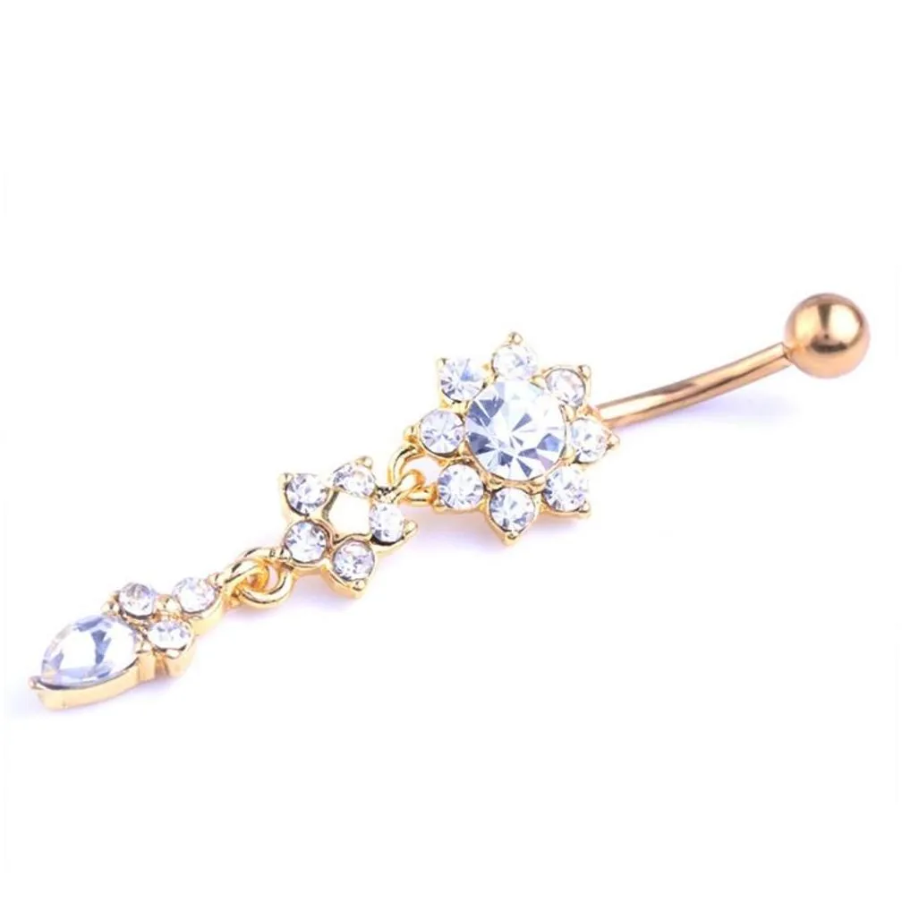 Sexy Dangle Belly Bars Button Rings Piercing Cz Crystal Flower Body Jewelry Navel Piercing Drop Mya30