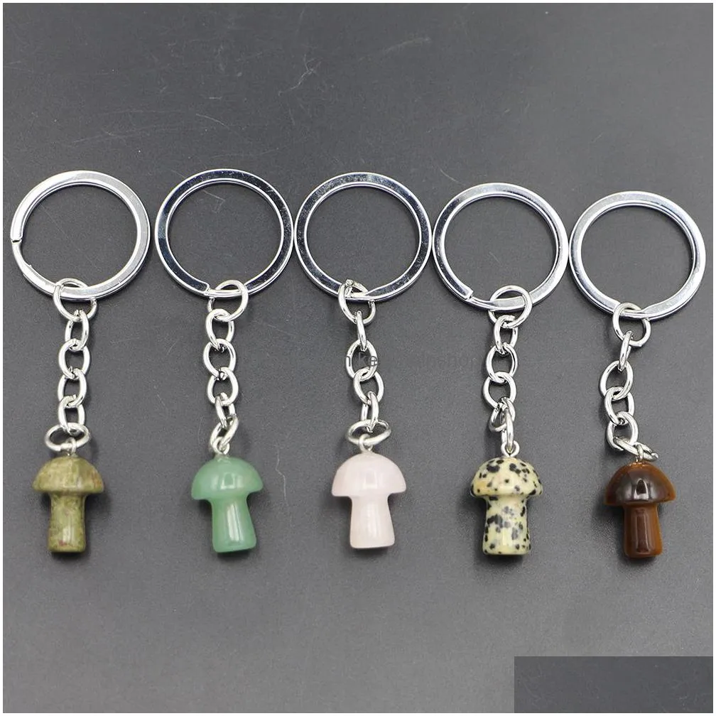 Natural Stone Key Chain Mushroom Pendant Cute Mini Statue Charms Rings Crafts With Loop Bracelets Keychain Jewelry Accessories Drop D Dhjxc