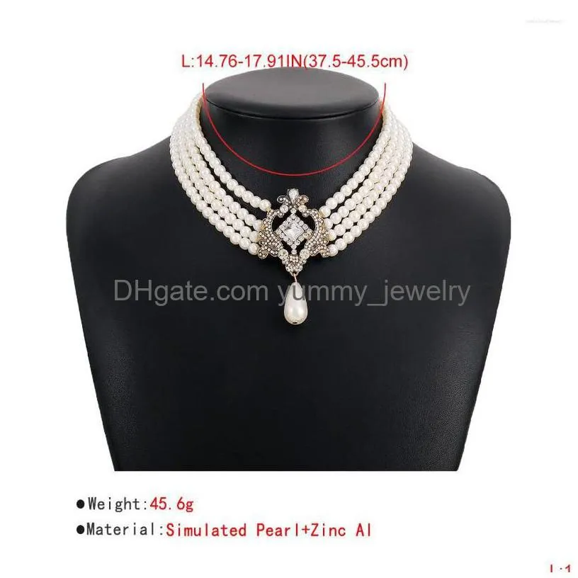 Pendant Necklaces Crystal-Encrusted Mti-Row Pearl Necklace Europe And The United States Exaggerated Breath Short Style Neck Drop Deli Dhj7M