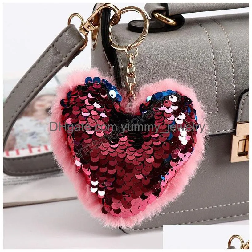 Cute Heart Keychain Glitter Pompom Sequins Key Ring Gifts For Women Llavero Chaveros Charms Car Bag Accessories Drop Delivery Dh5Yu