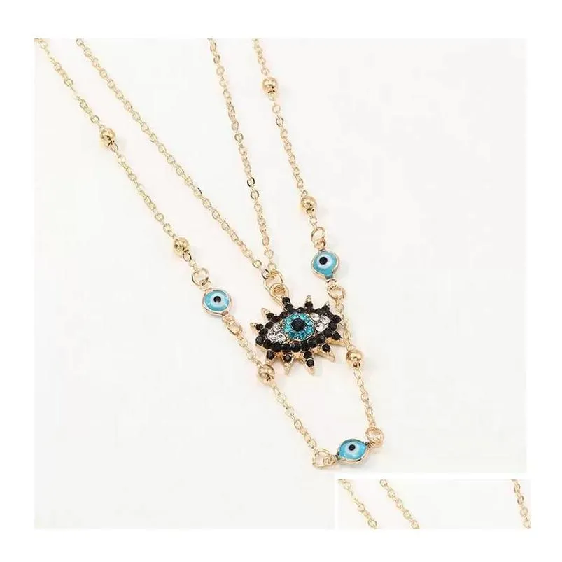 Pendant Necklaces Crystal Blue Evil Eye Pendent Necklace For Women 18K Gold Plated Double Layer Chain Lucky Charm Necklaces Jewelry Gi Dhxcy