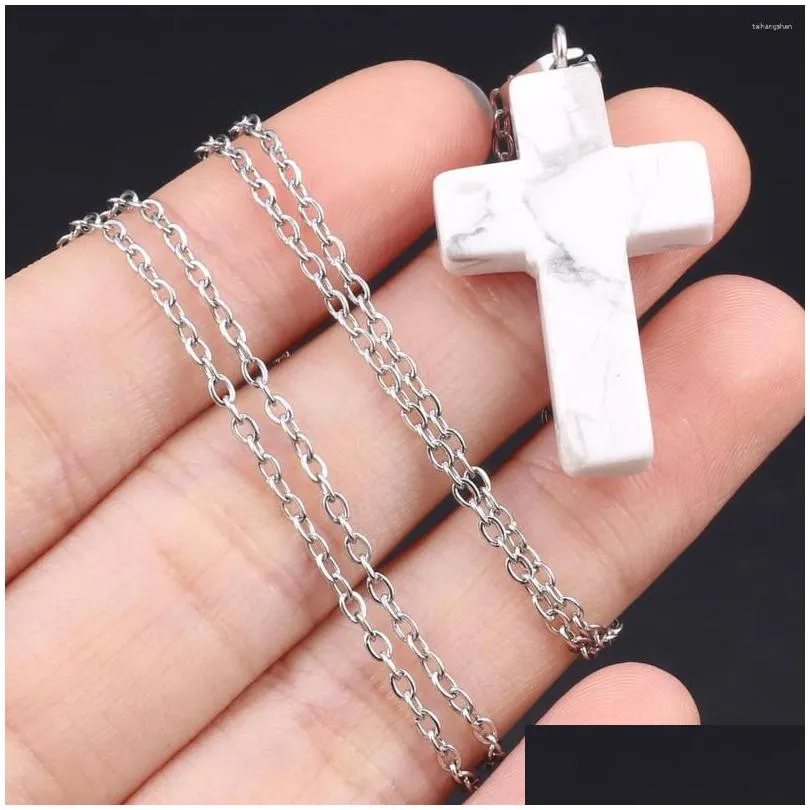 Pendant Necklaces Natural Stone Necklace Gemstone Cross Shape Exquisite Charms For Jewelry Making Diy Simple Bracelet Accessories Dro Dhh7Q