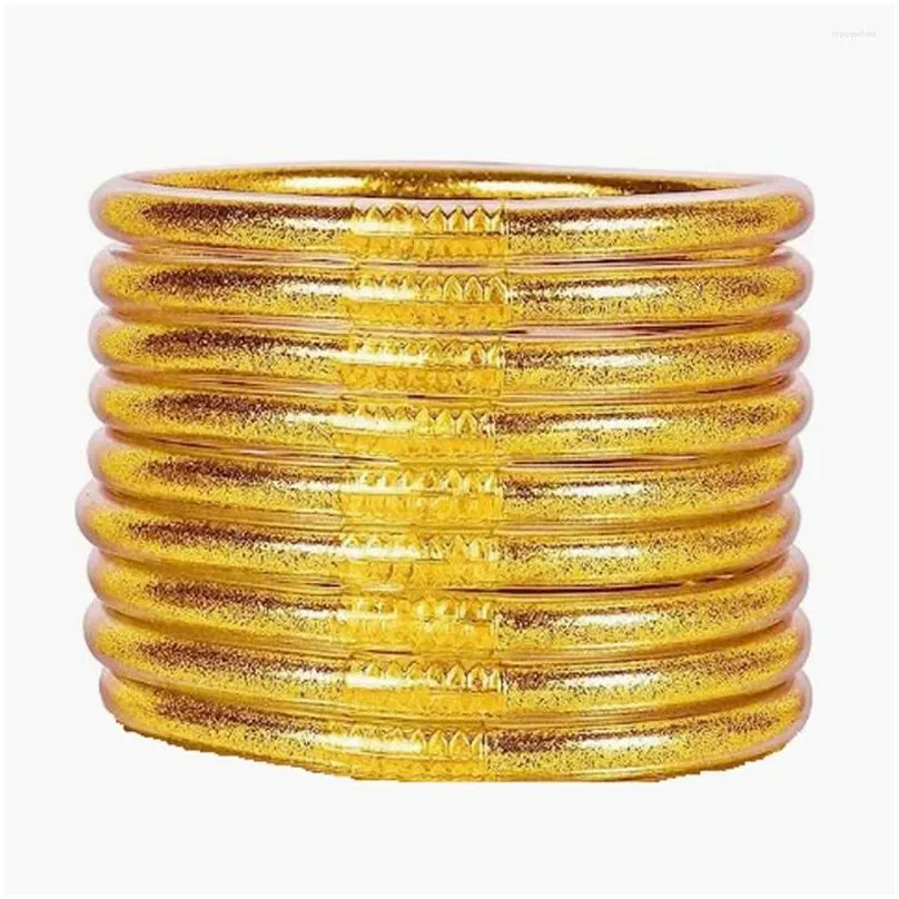 Bangle 9Pcs/Set Glitter Jonc Buddhist Bracelet Pseras Pan De Oro Buddha Girls Jelly Bracelets Soft For Drop Delivery Dhu9D