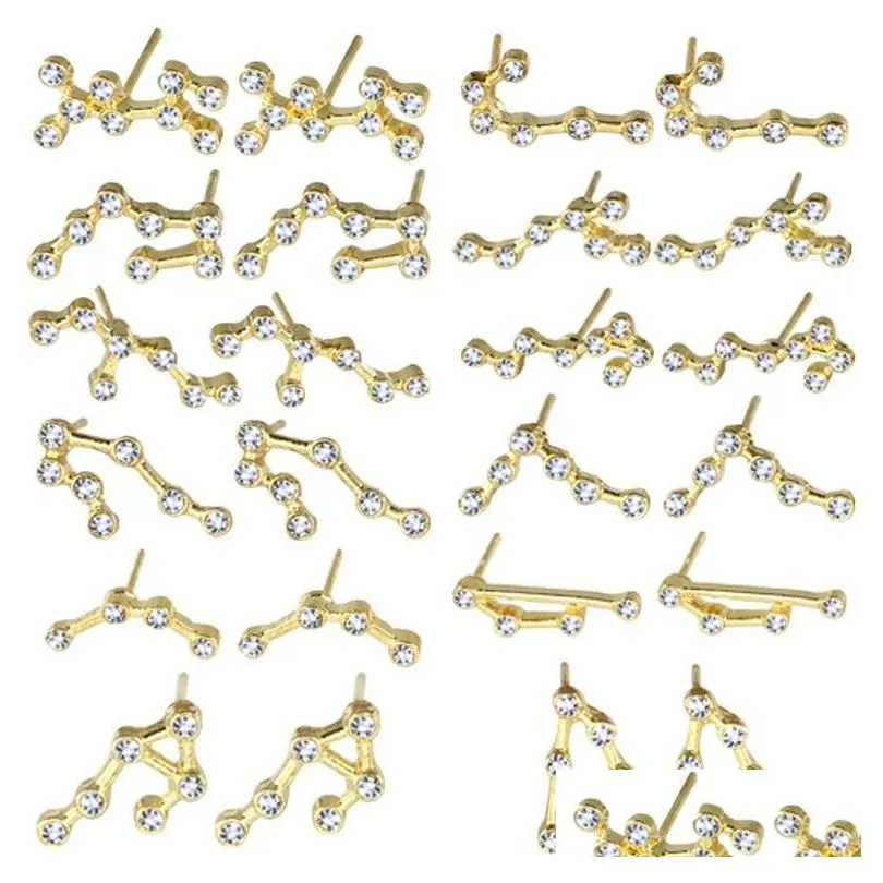 Women 12 Constellations Metal Diamonds Crystal Stud Earrings Sier Gold Zodiac Sign Earring Jewelry With Gift Card Drop Delivery Otoef