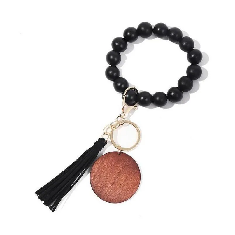 Tassel Beaded Wooden Bracelet Keychains Diy Wood Key Rings With Fringe Keychain For Drop Delivery Ot1Zl