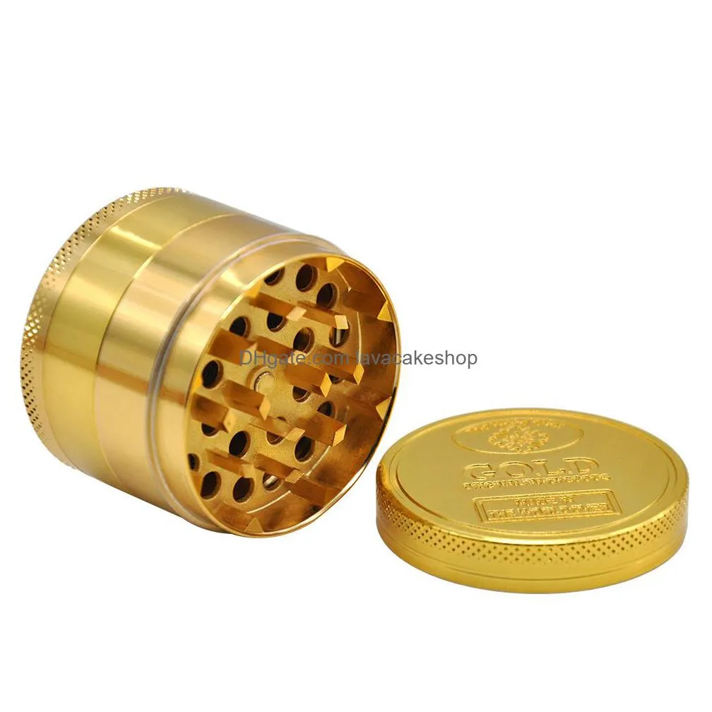 Other Smoking Accessories Gold Grinder Coin Pattern Zinc Alloy Metal Smoke Herb 4 Parts Layers 50Mm Cigarette Tobacco Spice Crusher Sm Dhi4P