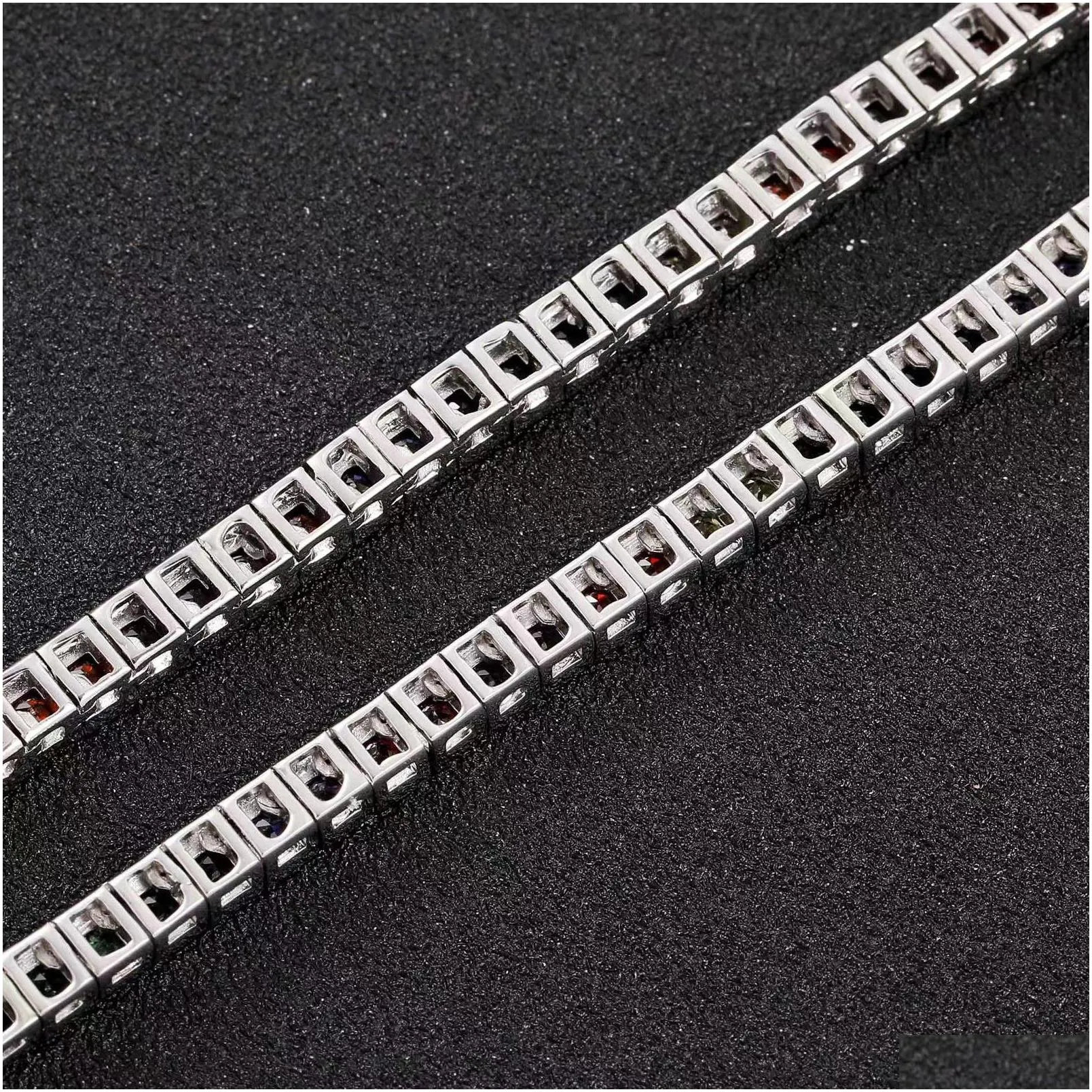 4Mm Colored Tennis Cuban Link Chain Micro Inset Square Zircon Street South Facing Hip Hop Necklace For Men And Women Bracelet Drop De Dh7Up